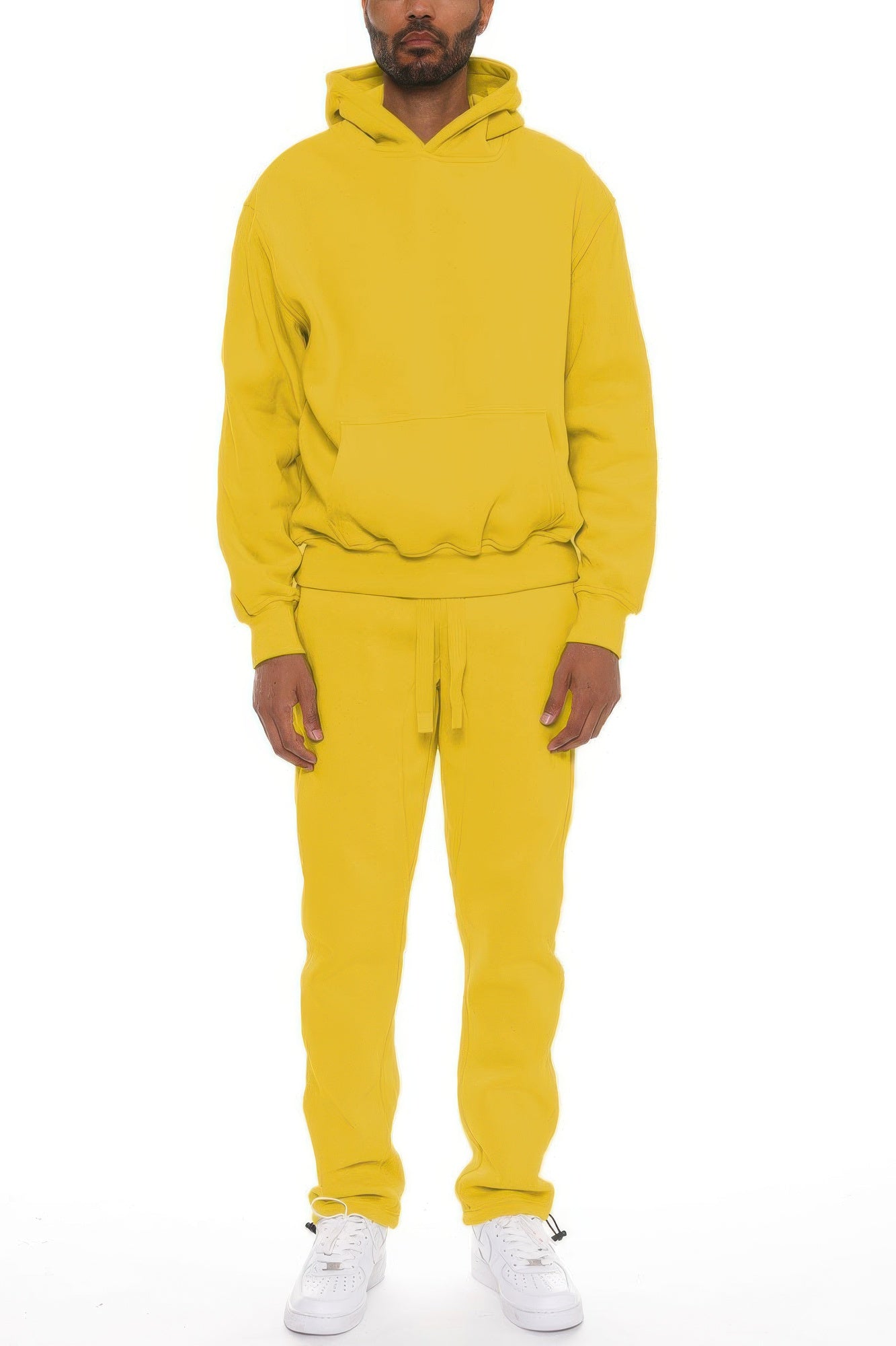 Yellow men’s hoodie set with hood, kangaroo pocket, and tapered joggers