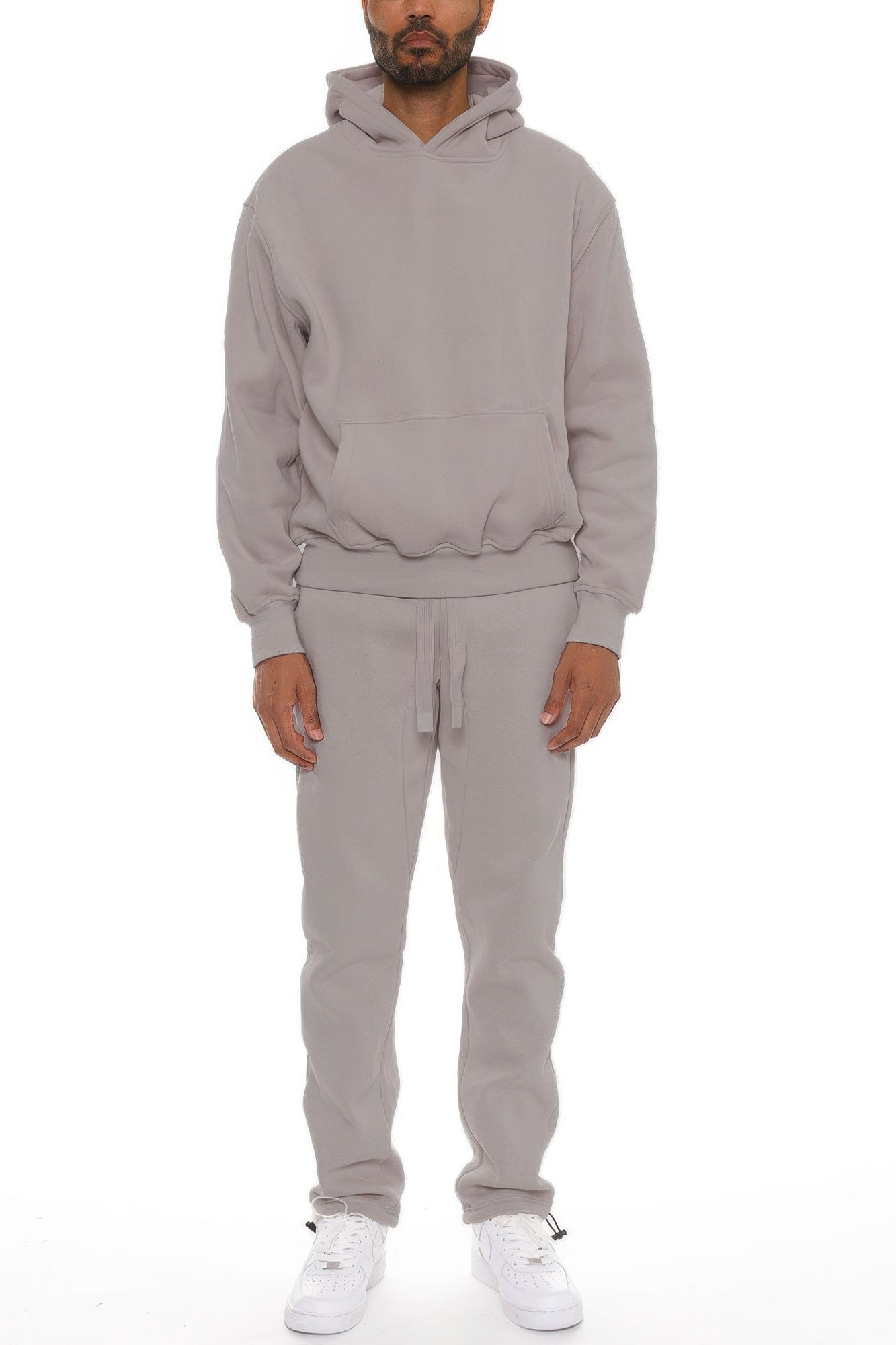 Men’s hoodie set in gray: pullover hood with drawstring, matching jogger pants
