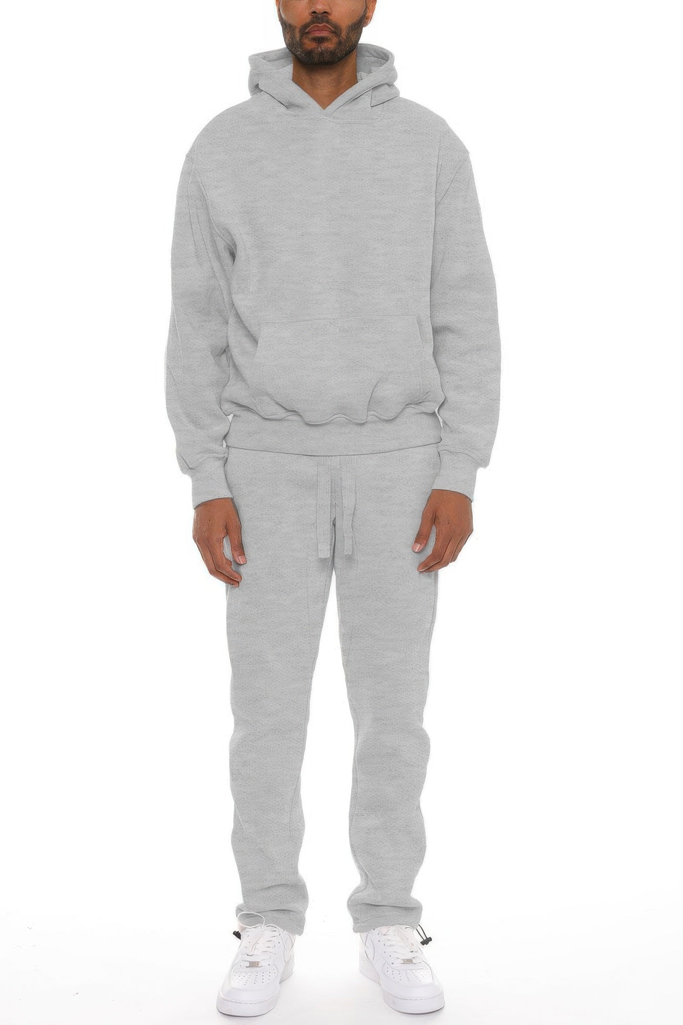 Men’s hoodie set in heather gray: pullover hood and kangaroo pocket, matching joggers