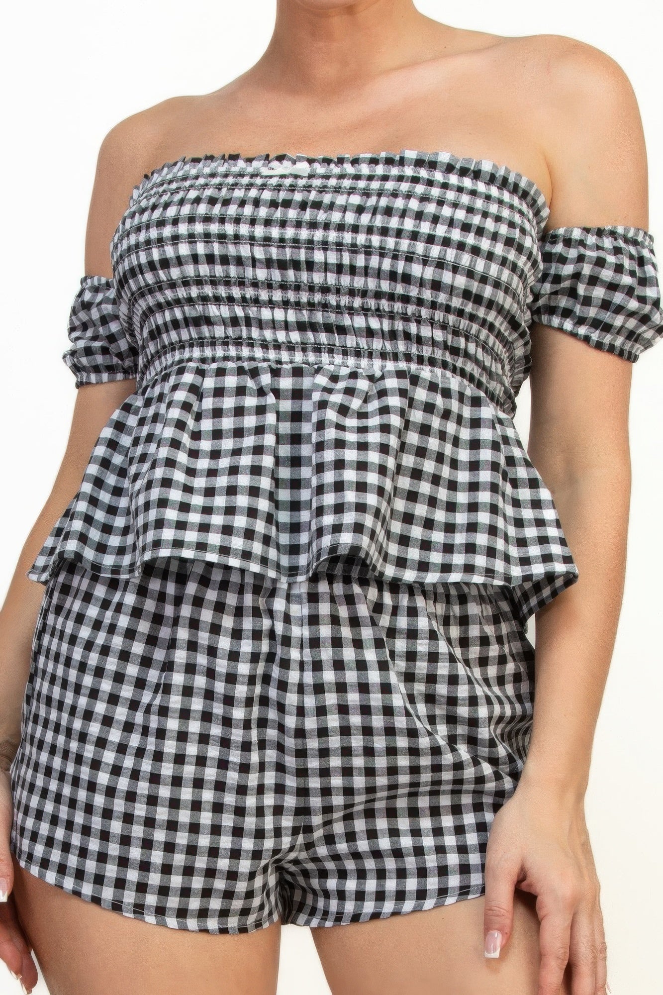 Off-shoulder Smock Gingham Top & Mini Short Sets - Tigbul's Variety Fashion Shop