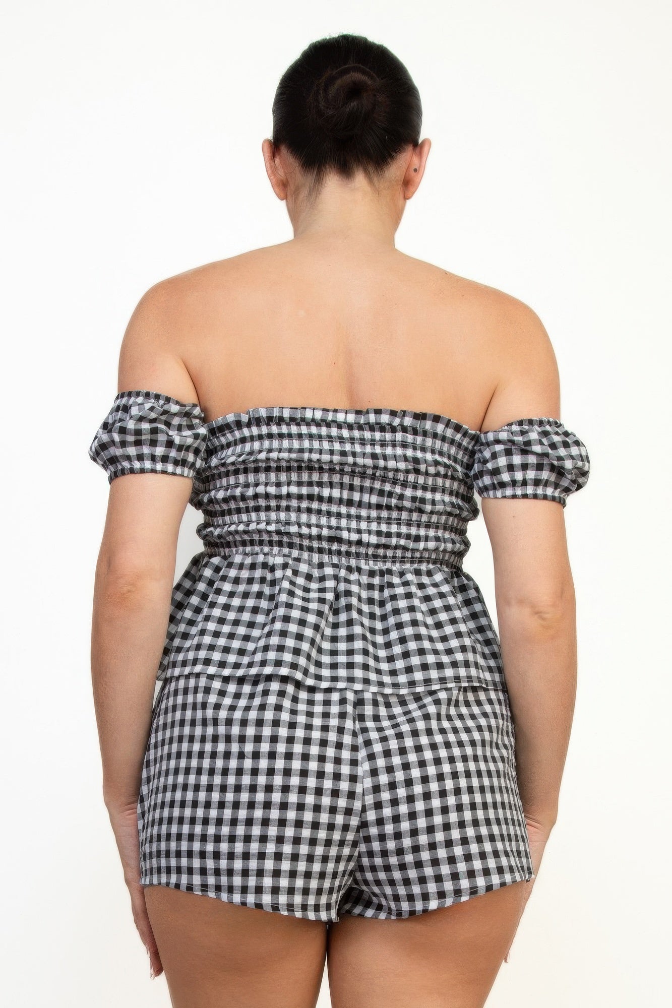 Off-shoulder Smock Gingham Top & Mini Short Sets - Tigbul's Variety Fashion Shop