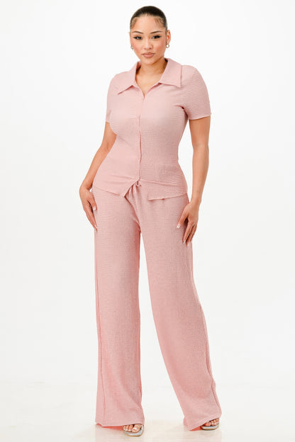 Pink Textured Polo Top And Pants Set - Tigbul's Variety Fashion Shop