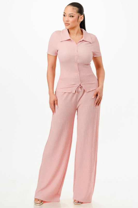 Pink Textured Polo Top And Pants Set - Tigbul's Variety Fashion Shop
