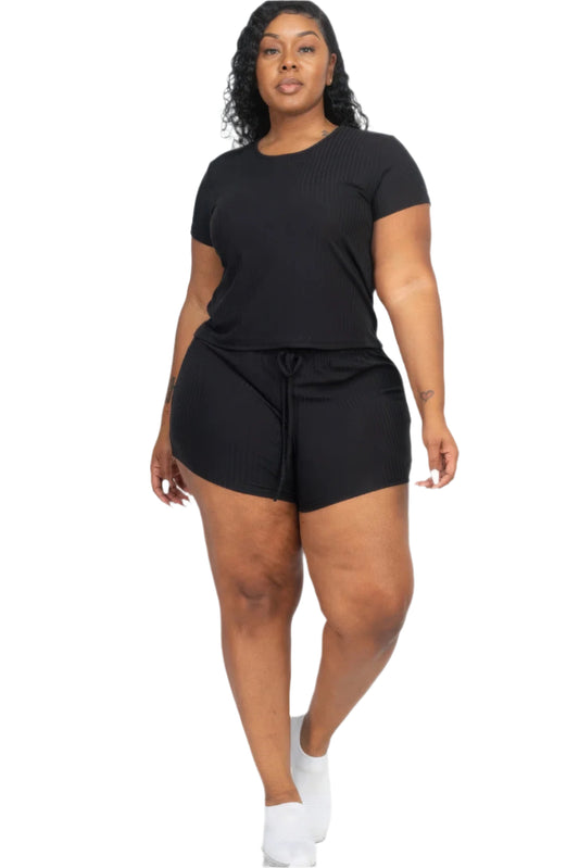 Plus Size Ribbed Short Sleeve Top & Shorts Set - Tigbul's Variety Fashion Shop