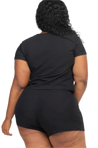 Plus Size Ribbed Short Sleeve Top & Shorts Set - Tigbul's Variety Fashion Shop