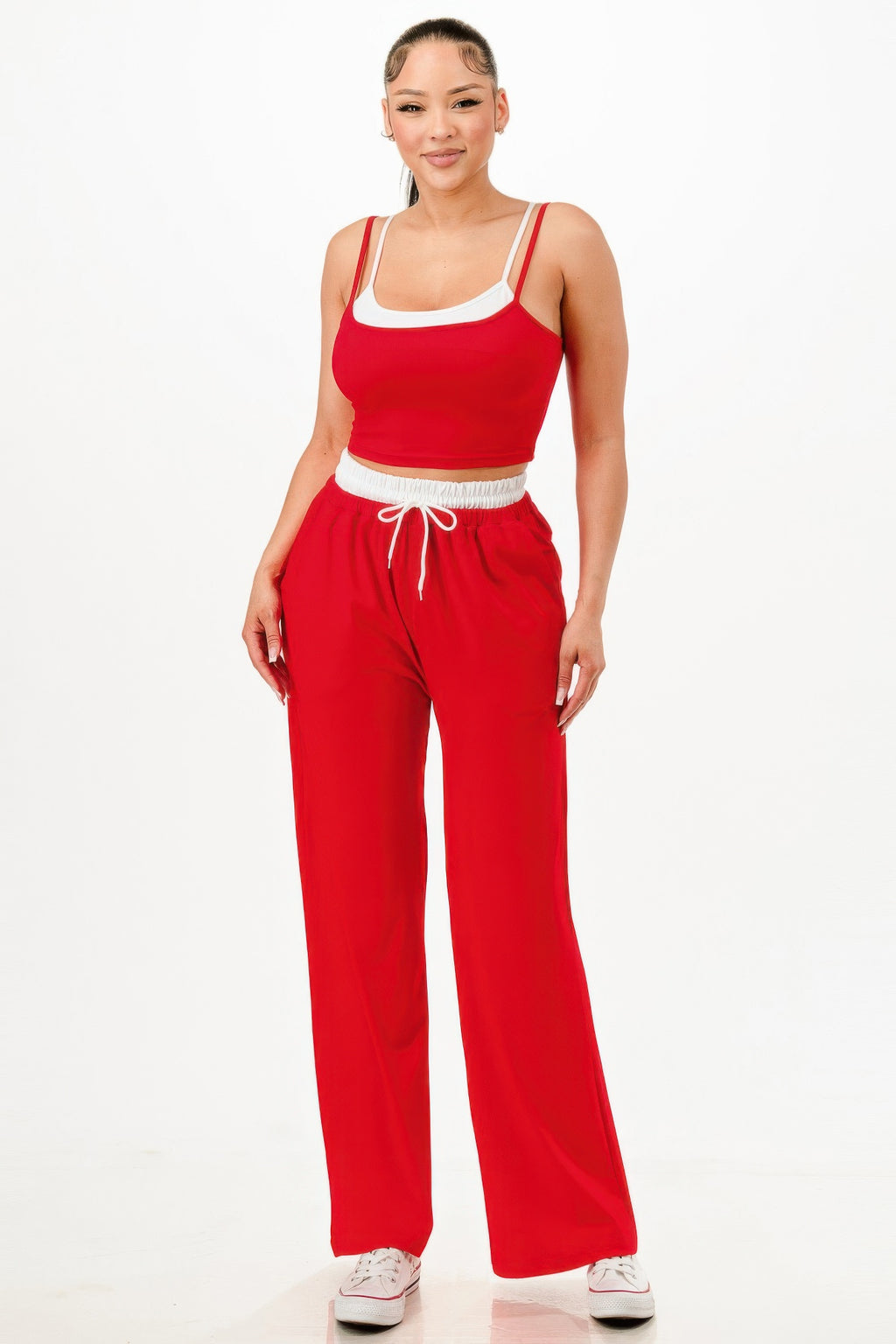 Red tank top and sweatpants set with drawstring waist, white rib trim