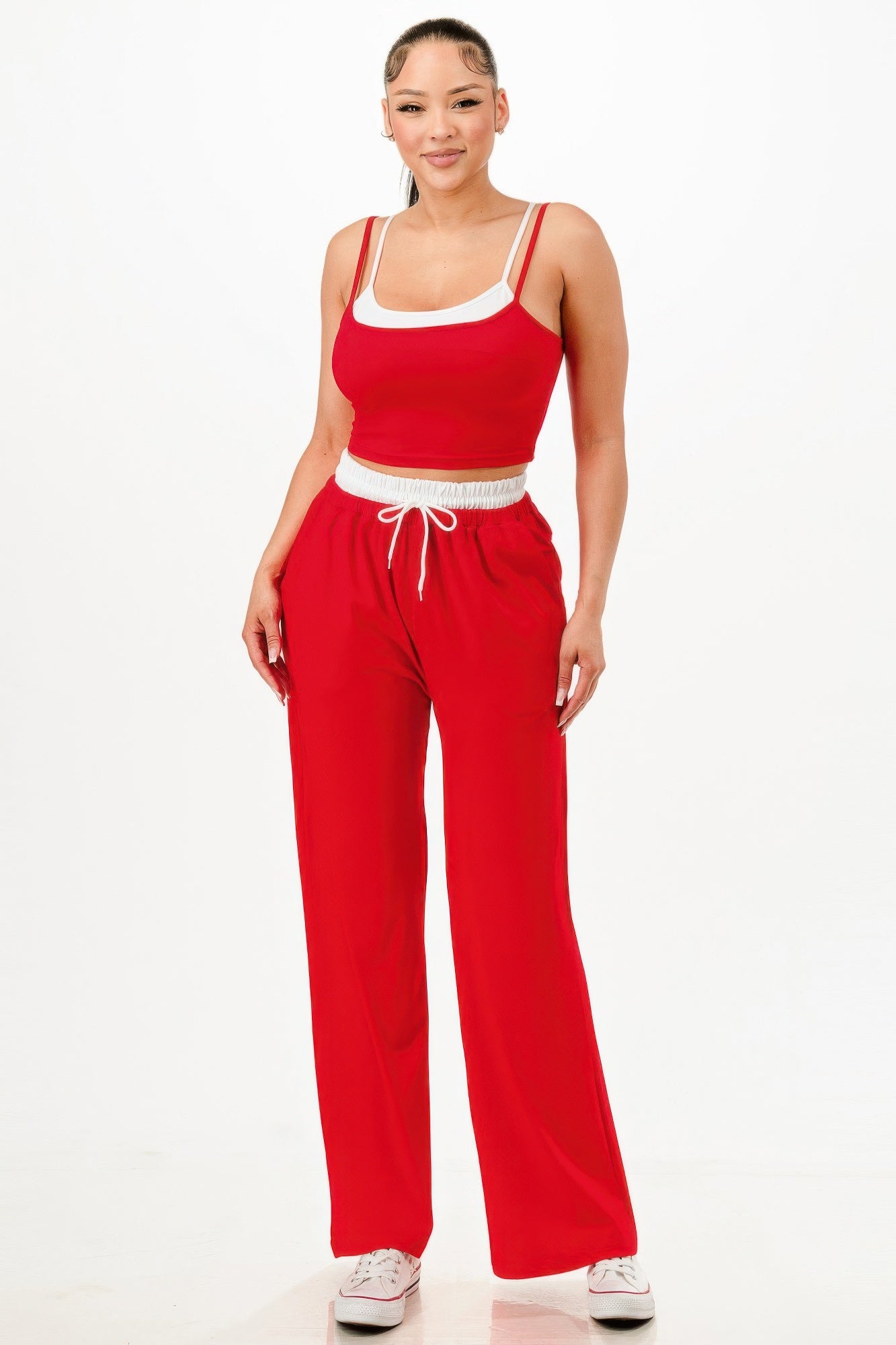 Red tank top and sweatpants set with drawstring waist, white rib trim