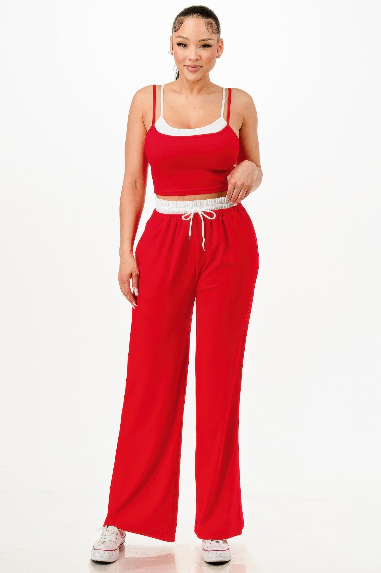 Red sweatpants and tank set, wide-leg pants with white drawstring waist and trim