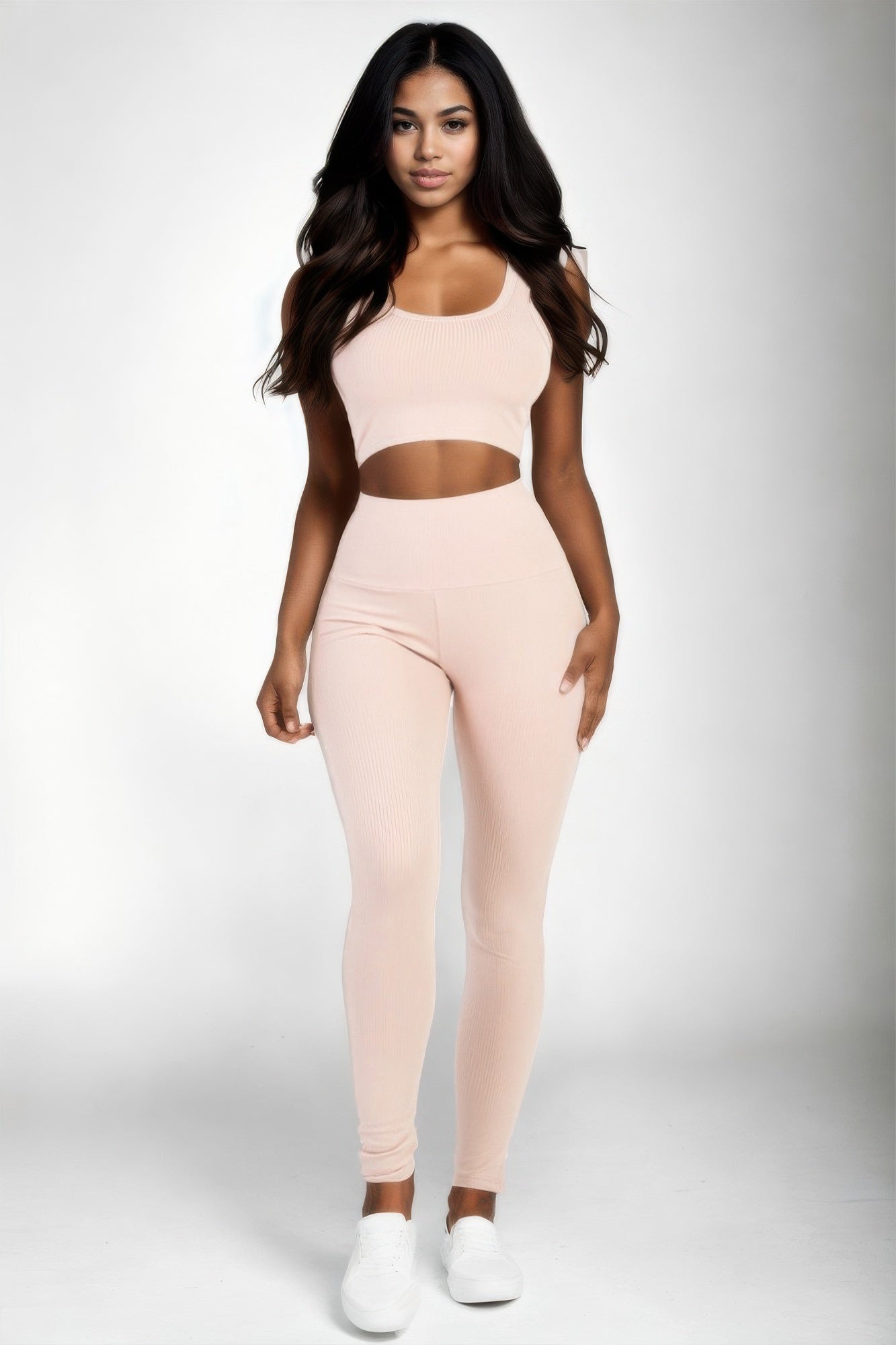 Blush ribbed crop top and leggings set, sleeveless, matching waistband