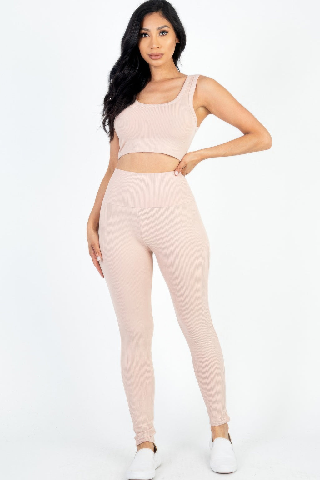 Latte ribbed crop top and leggings set, sleeveless with matching waistband