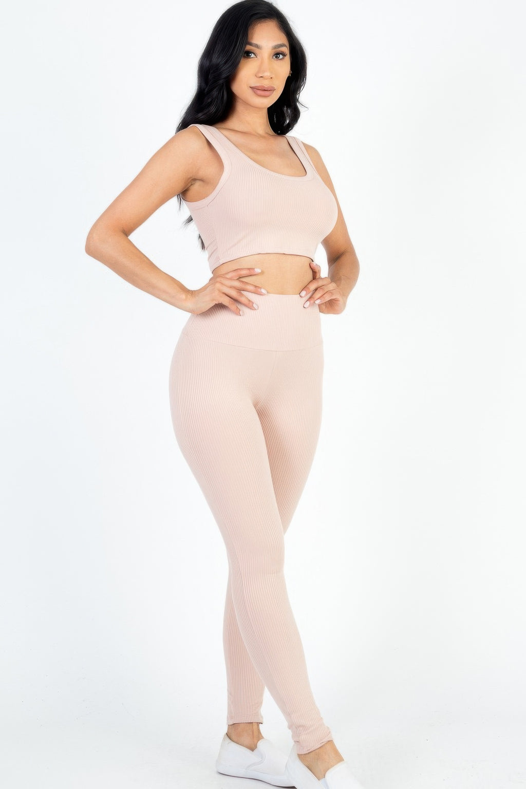 Light pink ribbed crop top and leggings set, sleeveless, high-rise