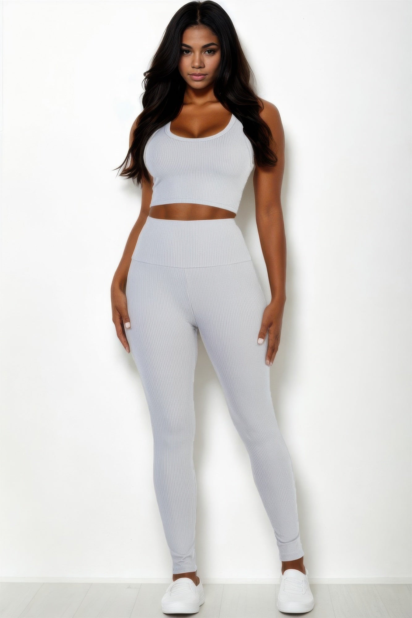Grey ribbed crop top and leggings set with scoop neckline, high rise
