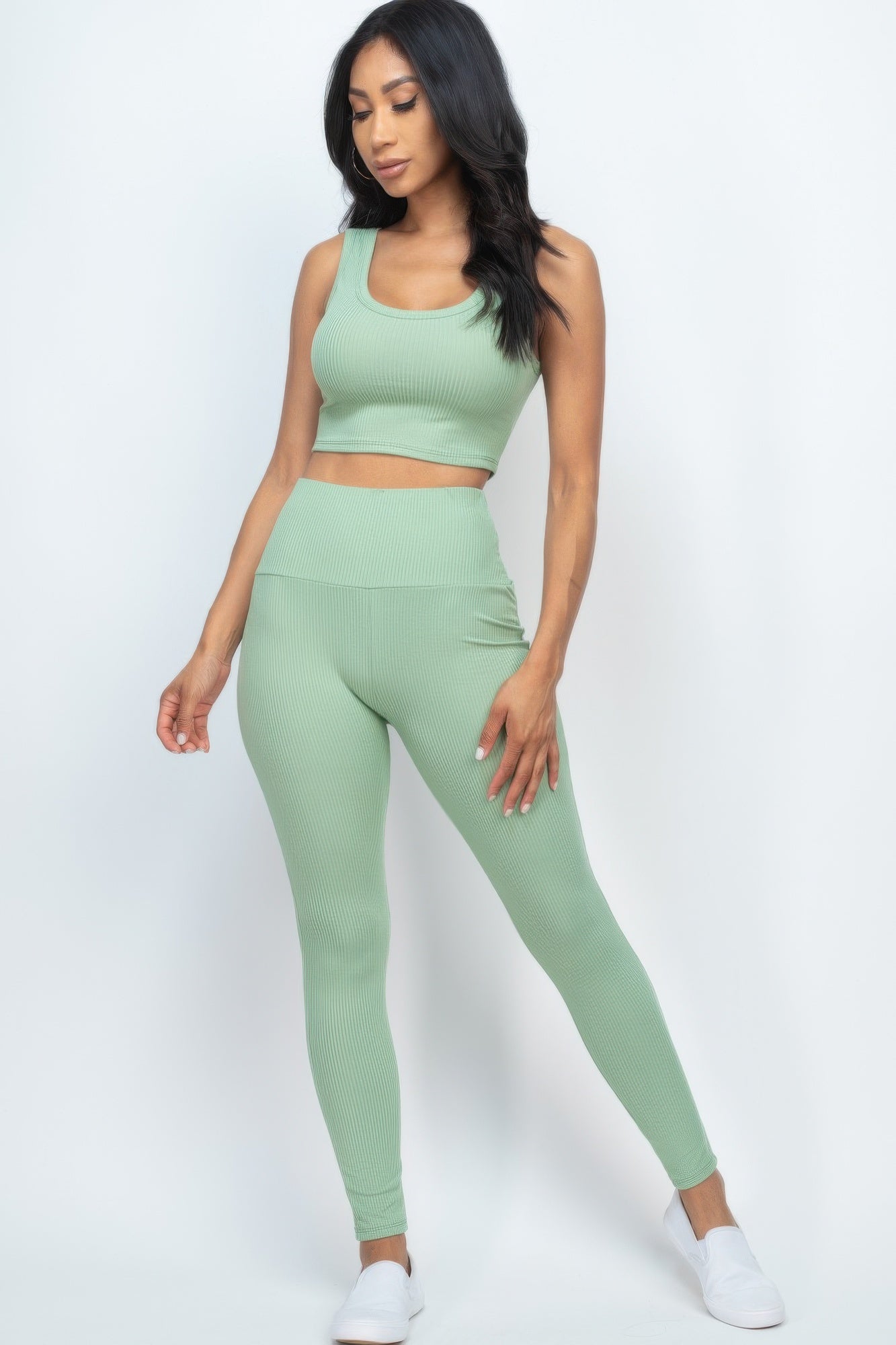 Mint green ribbed crop top and leggings set, sleeveless two-piece