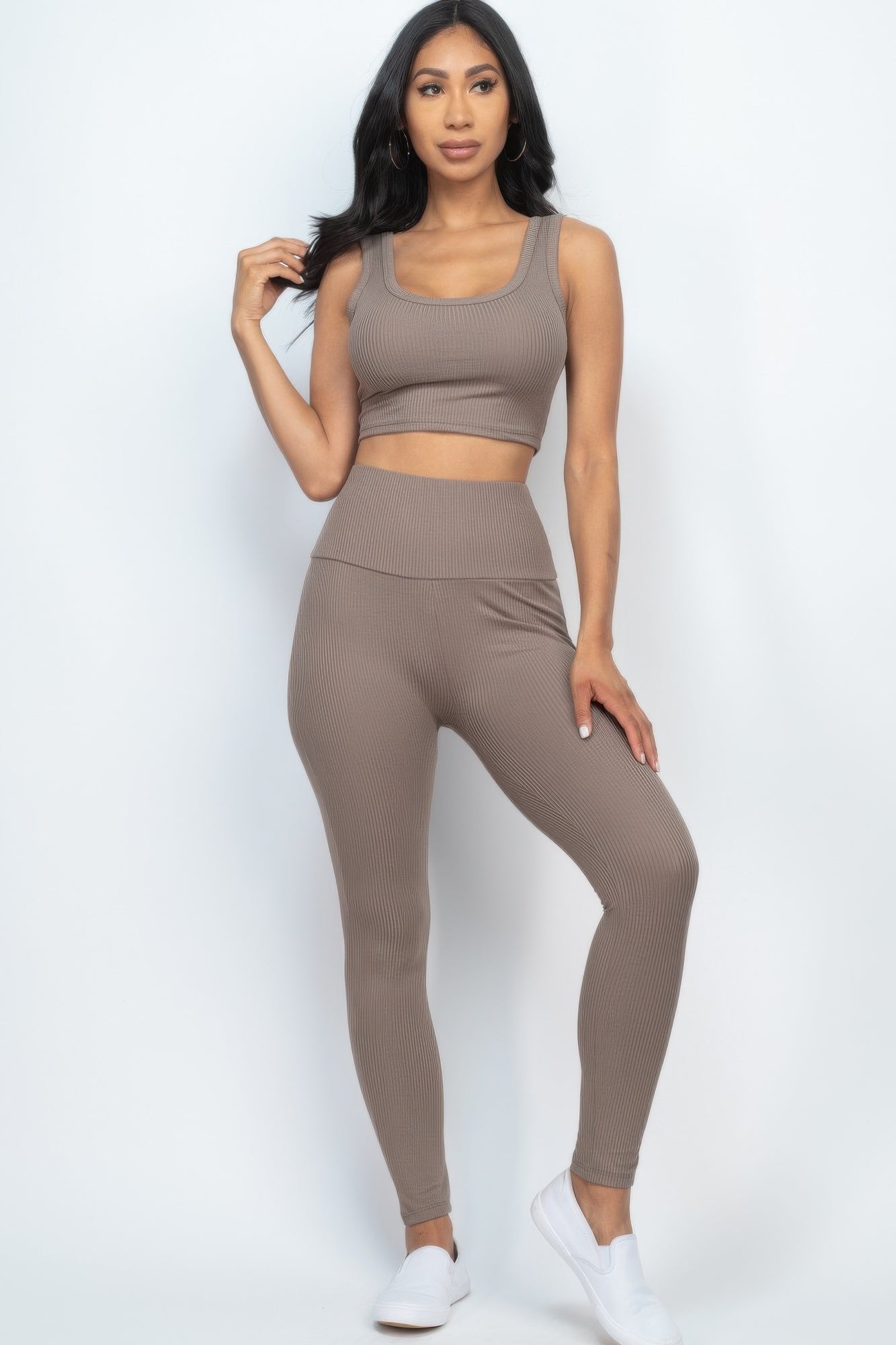 Ribbed crop top and high-rise leggings set in taupe