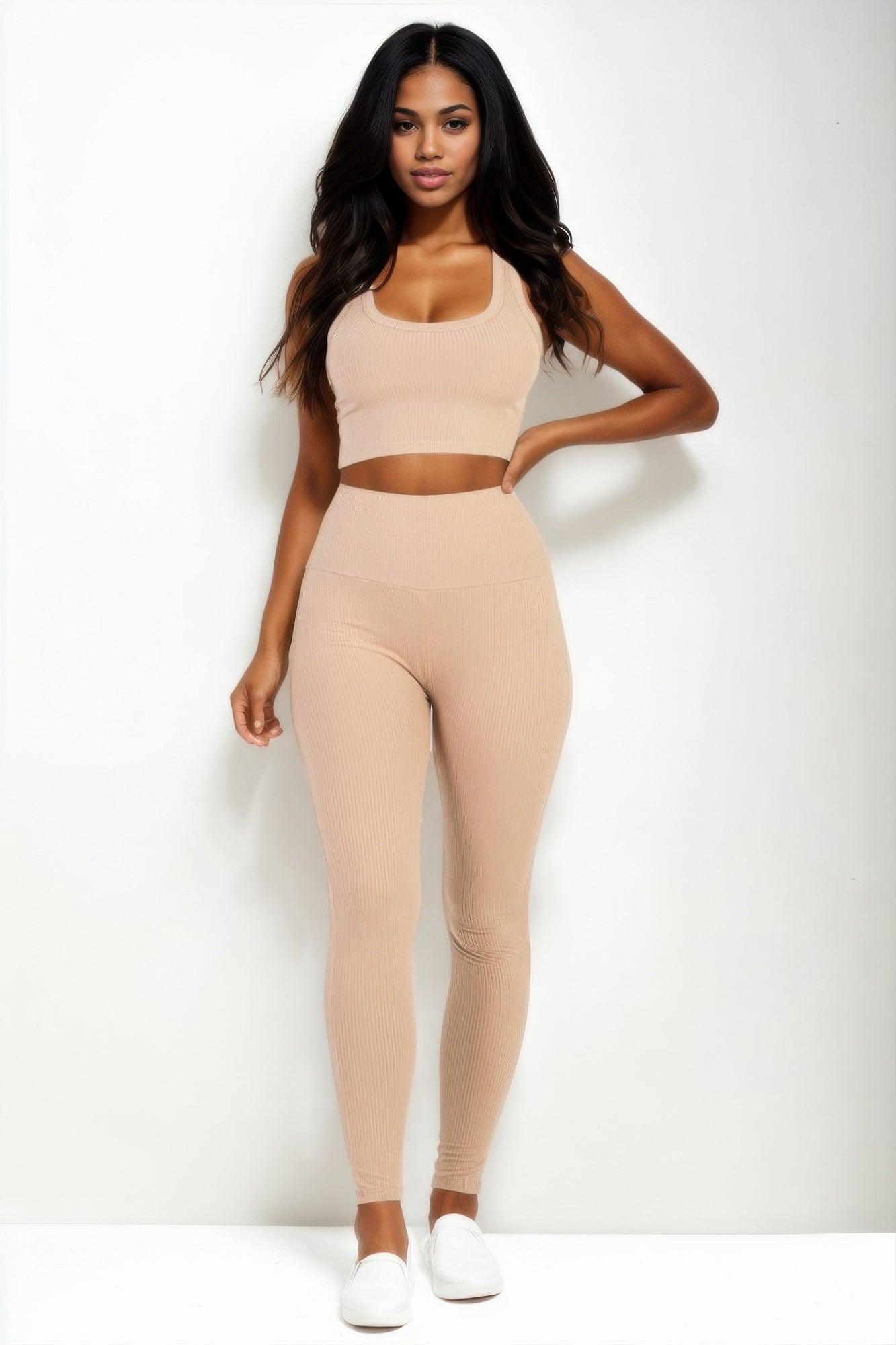 Ribbed crop top and leggings set in blush, front view