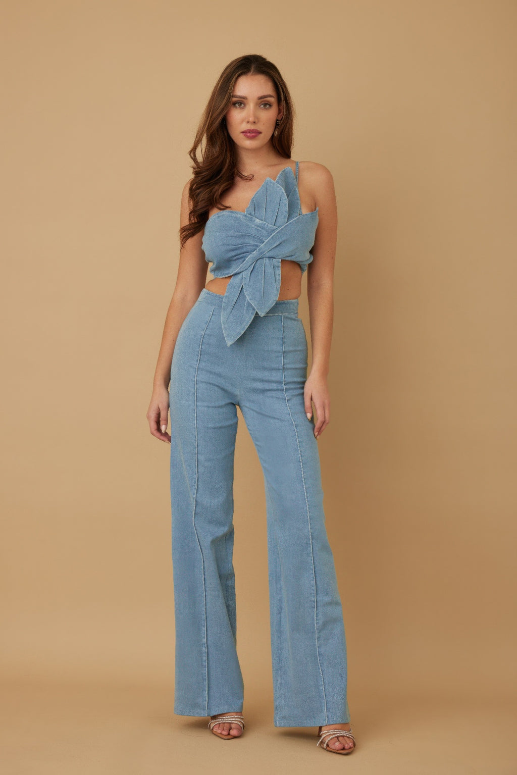 Single strap wrap flower pant set in light denim blue, wide-leg jeans style
