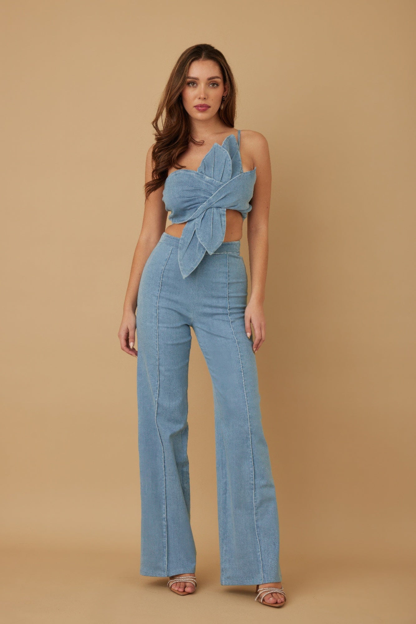 Single strap wrap flower pant set in light denim blue, wide-leg jeans style