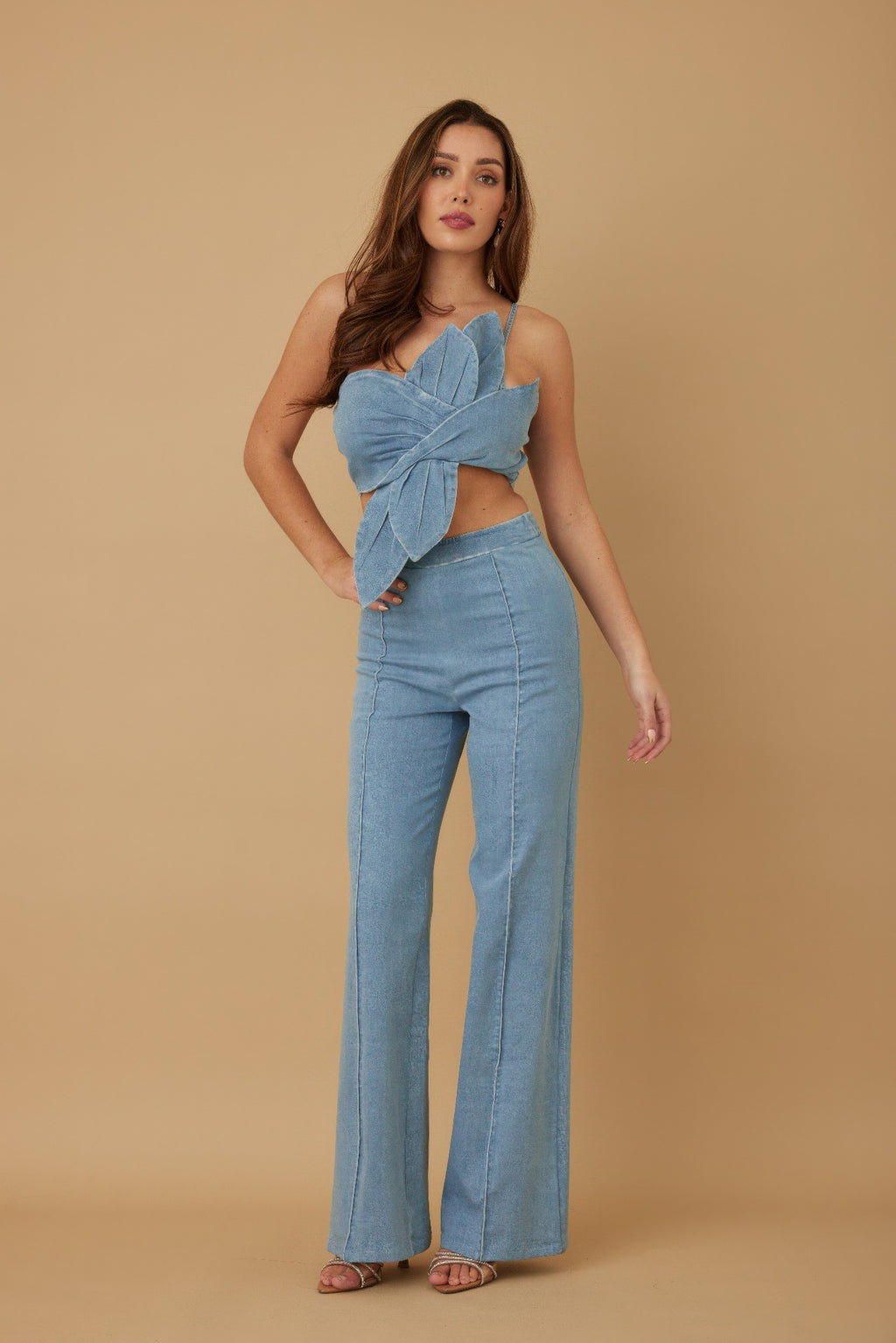 Light denim blue single strap wrap flower set, crop top knot and straight-to-flare legs