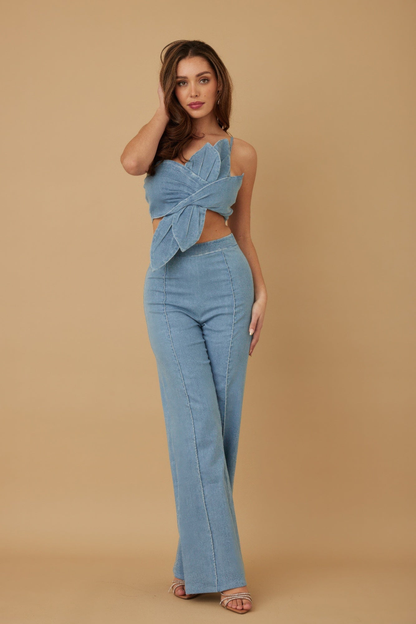 Light denim blue wrap flower pant set, single strap crop with tied waist and flared trousers