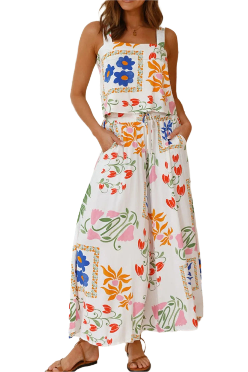 Size Large White Printed Square Neck Top and Pants Set - Tigbul's Variety Fashion Shop