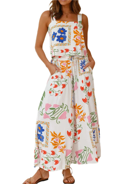 Size Large White Printed Square Neck Top and Pants Set - Tigbul's Variety Fashion Shop