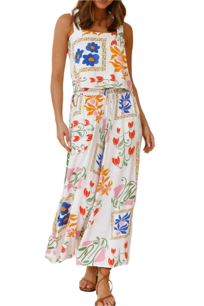 Size Large White Printed Square Neck Top and Pants Set - Tigbul's Variety Fashion Shop
