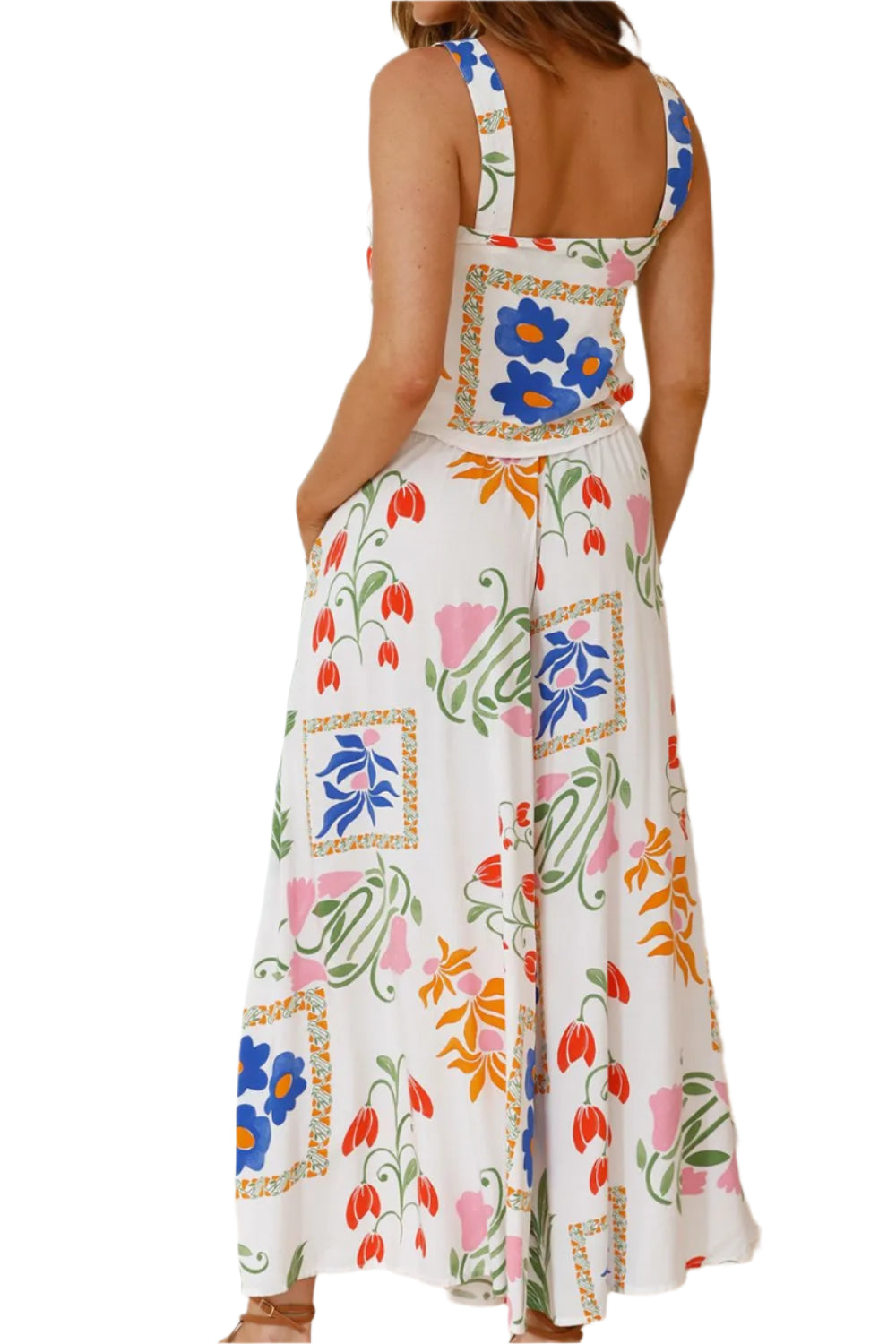 Size Large White Printed Square Neck Top and Pants Set - Tigbul's Variety Fashion Shop