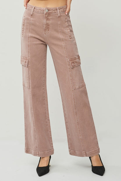 RISEN Full Size Mauve High Rise Wide Leg Cargo Jeans - Tigbul's Variety Fashion Shop
