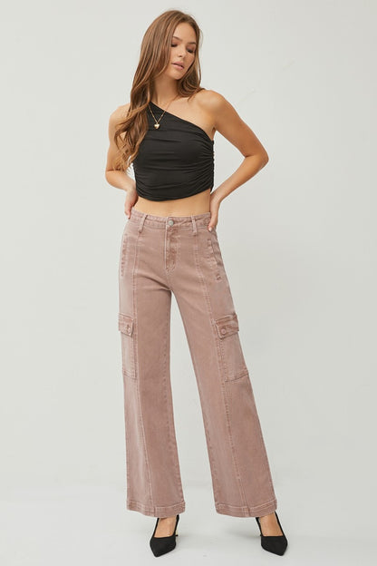 RISEN Full Size Mauve High Rise Wide Leg Cargo Jeans - Tigbul's Variety Fashion Shop