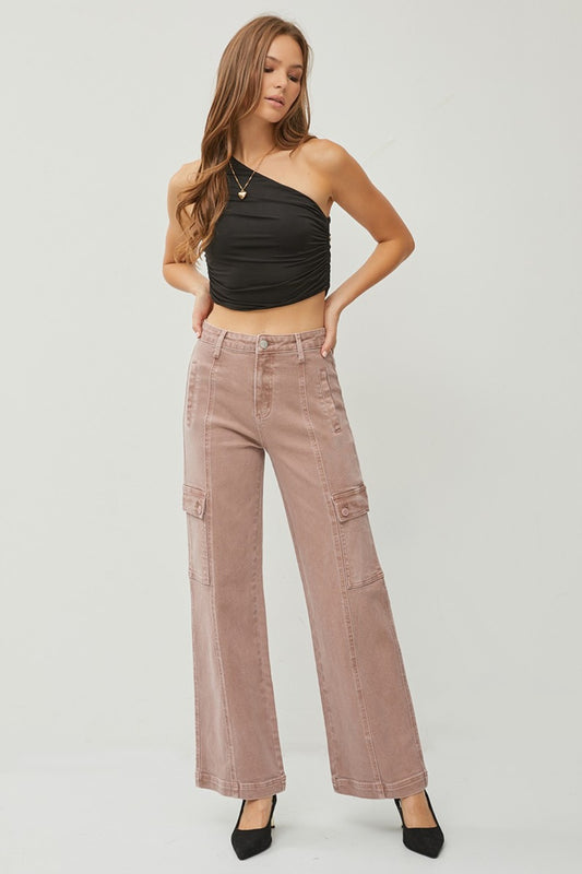 RISEN Full Size Mauve High Rise Wide Leg Cargo Jeans - Tigbul's Variety Fashion Shop