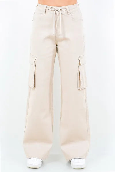 Apricot Color Drawstring Wide Leg Cargo Pants - Tigbul's Variety Fashion Shop