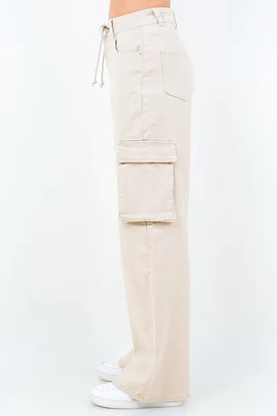 Apricot Color Drawstring Wide Leg Cargo Pants - Tigbul's Variety Fashion Shop