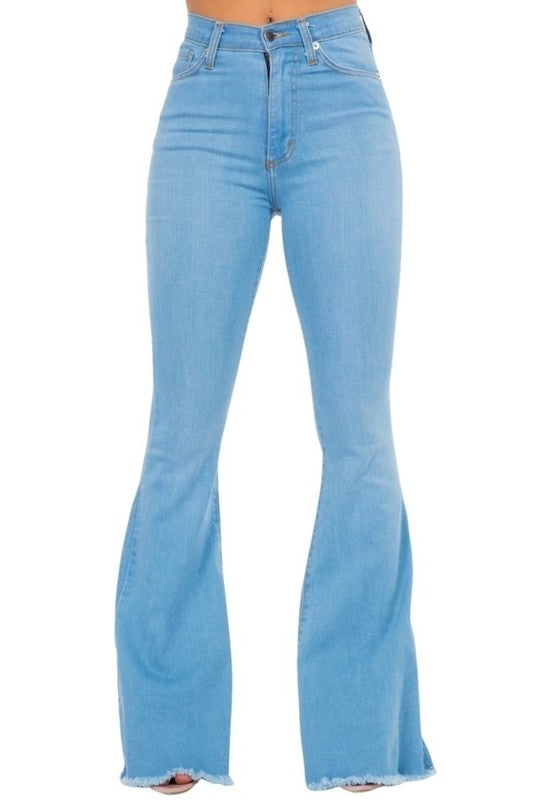 Light-wash bell-bottom jeans, buttoned front, flared leg