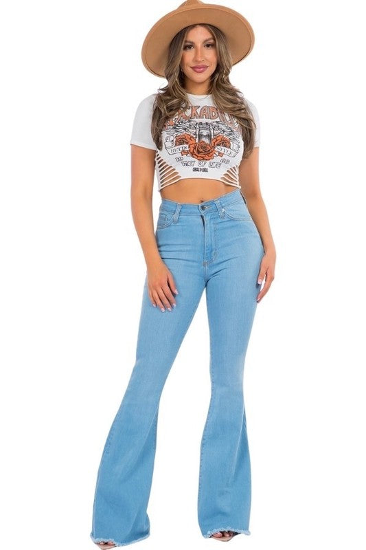 Light-wash bell-bottom jeans, inseam 32, front view