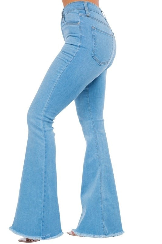 Light-wash bell-bottom jeans, side seam and back yoke detail