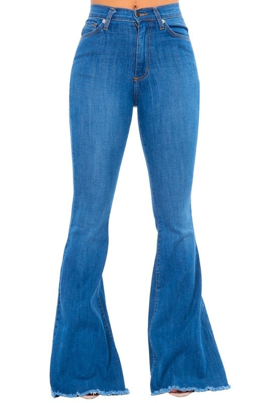 Medium-wash bell-bottom jeans, button waistband with front pockets and flared legs