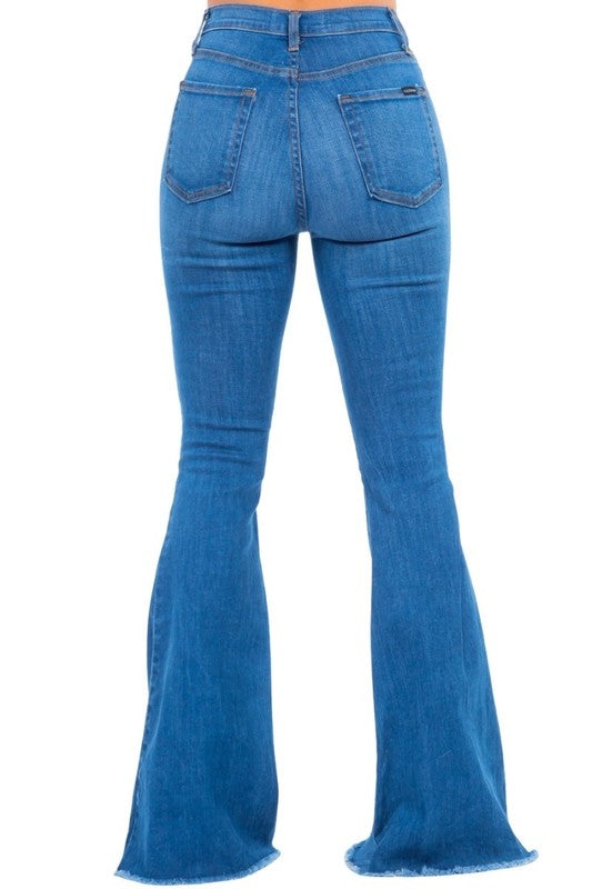 Medium-wash bell-bottom jeans, back view with two pockets and flared silhouette