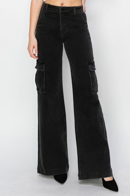Black High Rise Wide Leg Cargo Jeans Sz. 24-3XL - Tigbul's Variety Fashion Shop