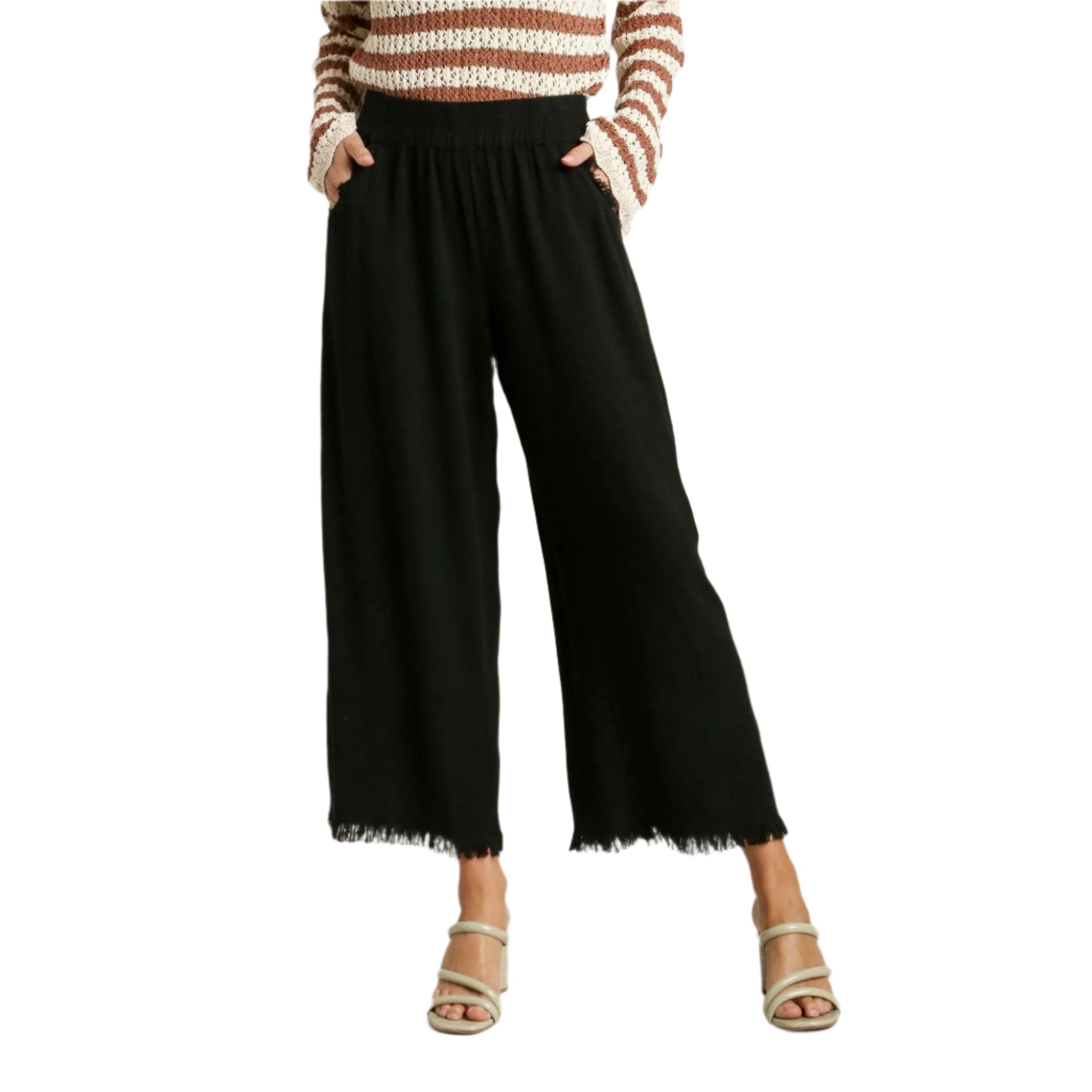 Black linen blend wide-leg pants with elastic waistband and frayed cropped hem