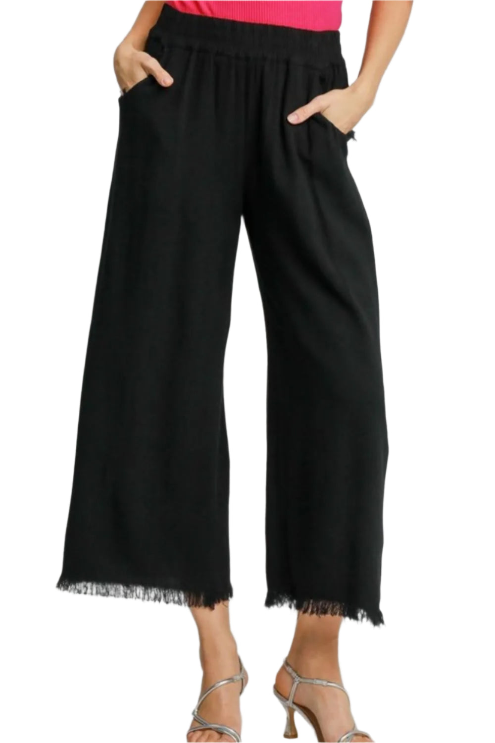Hudson black wide-leg pants with elastic waist and tassel-frayed hem