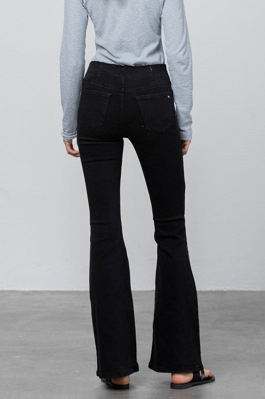 Black Mid Rise Banded Wide Flare Jeans - Tigbul's Variety Fashion Shop