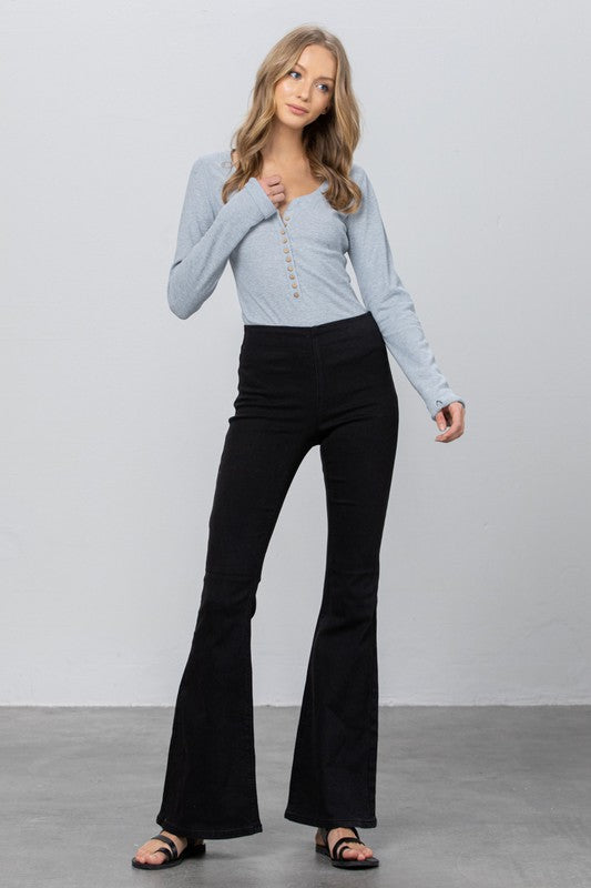 Black Mid Rise Banded Wide Flare Jeans - Tigbul's Variety Fashion Shop