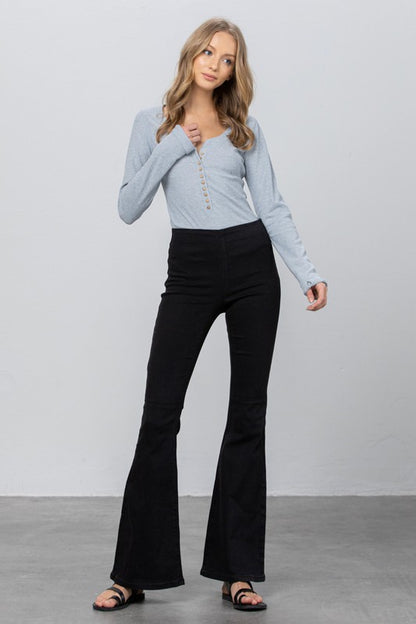 Black Mid Rise Banded Wide Flare Jeans - Tigbul's Variety Fashion Shop