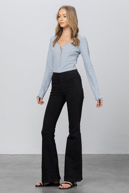 Black Mid Rise Banded Wide Flare Jeans - Tigbul's Variety Fashion Shop