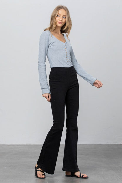 Black Mid Rise Banded Wide Flare Jeans - Tigbul's Variety Fashion Shop