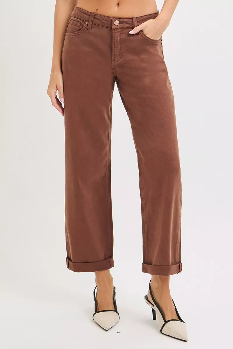 Cocoa brown barrel baggy jeans detail view: mid-rise waist, button closure, side pockets
