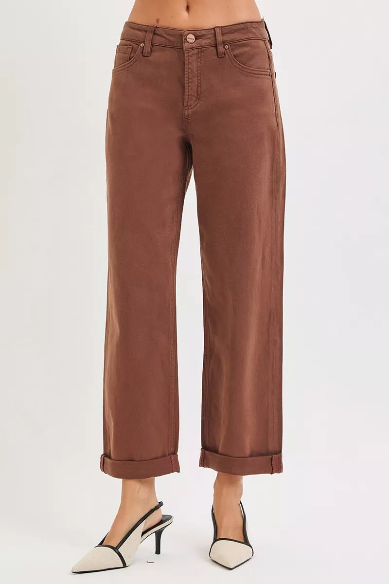 Cocoa brown barrel baggy jeans, mid-rise fit with belt loops and cuffed ankle hem