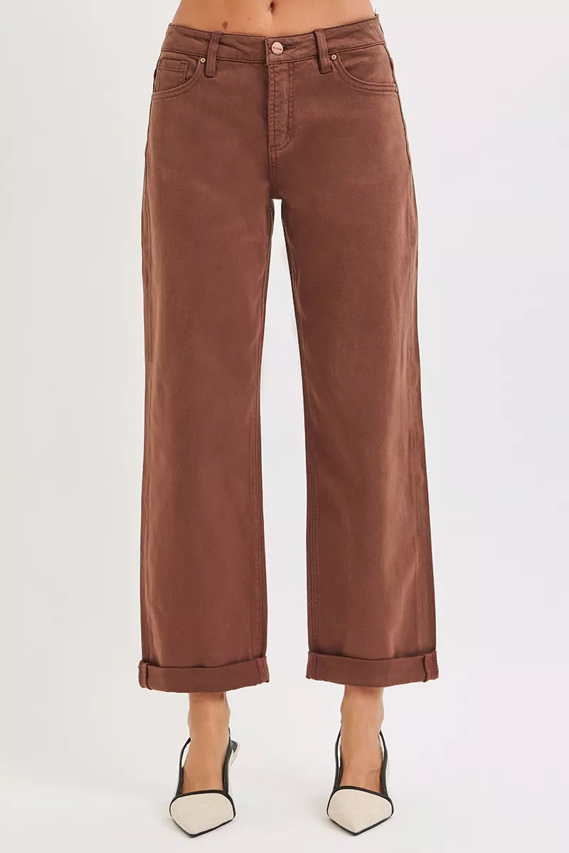 Cocoa brown mid-rise barrel baggy jeans with button front, belt loops, and straight legs