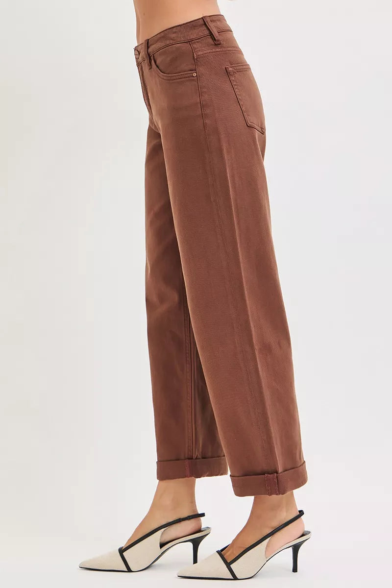 Cocoa brown side view of mid-rise barrel baggy jeans with slanted front pockets
