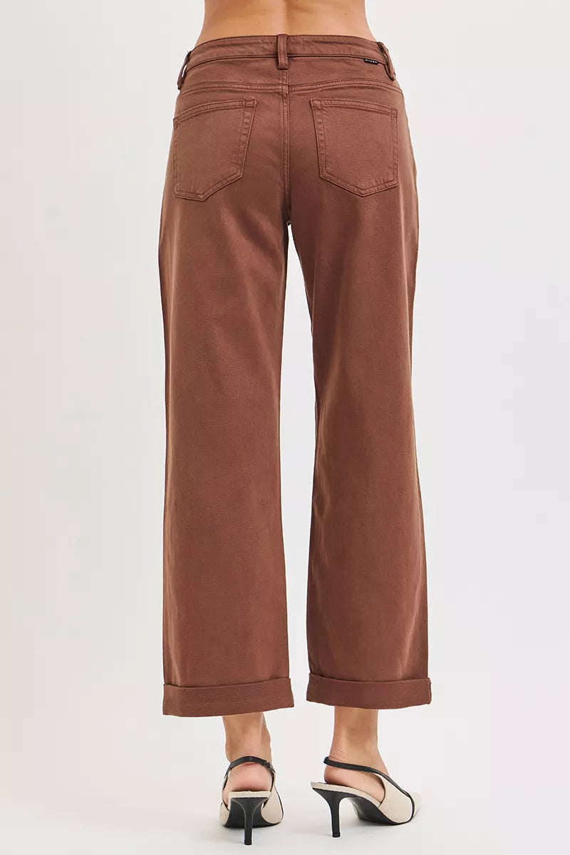 Cocoa brown barrel baggy jeans back view with patch pockets and cuffed ankle hem